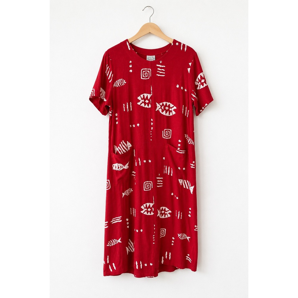 Donna‎ Vintage Cape Cod Aesthetic Shift Dress Linen Red White S Short Sleeve
